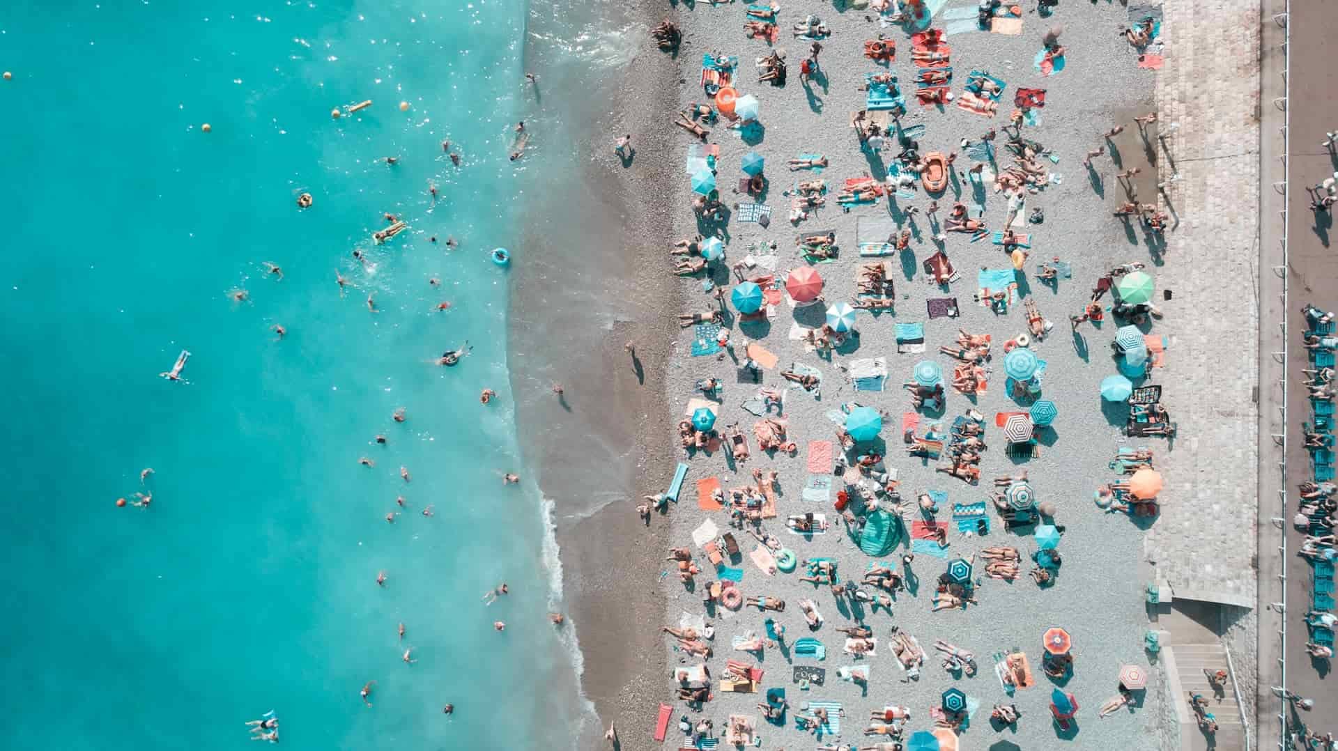 Aerial of a beach in Nice, France in August