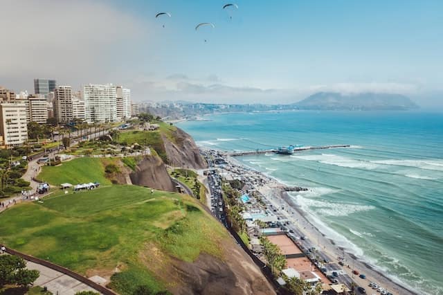 Aerial of beach in Miraflores Lima, Perú