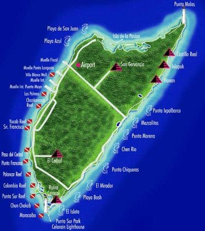 Cozumel Island diving sites map