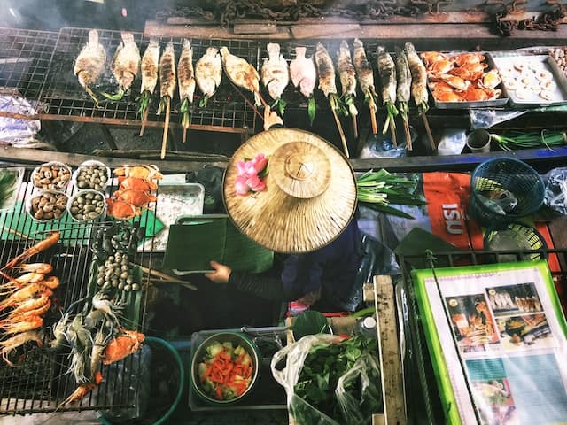 street food in busy bangkok, thailand