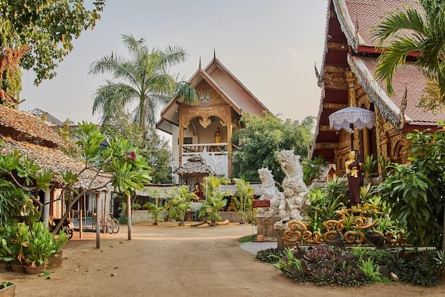 street in front buddist Temple Wat Mahawan chiang Mai, thailand